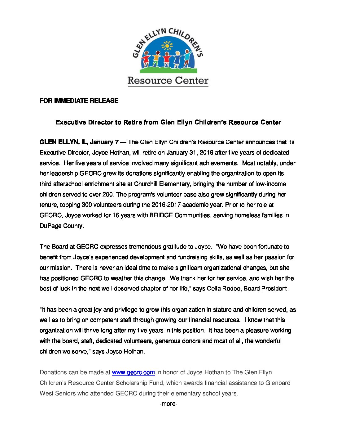 Retirement Announcement - Glen Ellyn Children's Resource Center